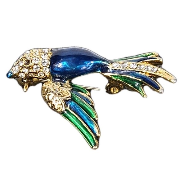 Vintage Jeweled Bird Brooch Gold Tone with Blue Green Enamel Rhinestones Jewelry - Picture 1 of 6
